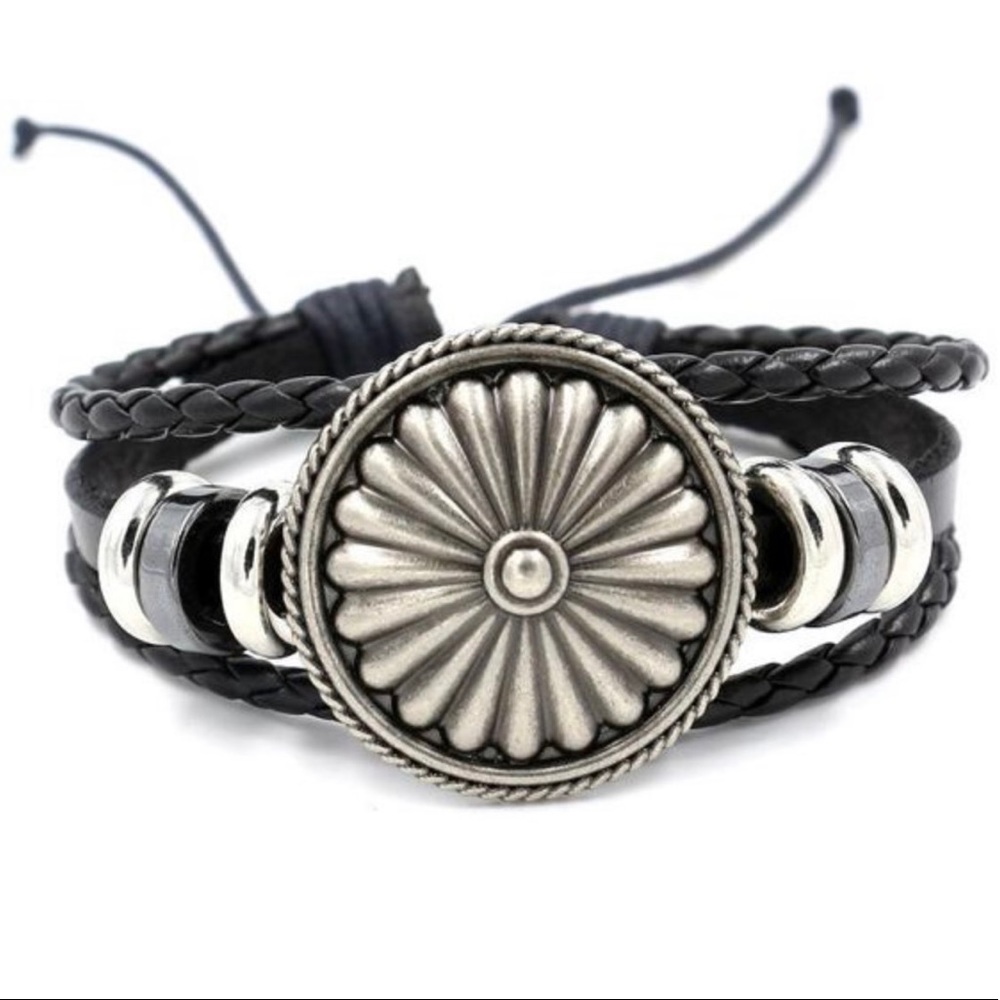 Silver Floral Bloom Beaded Braided Black Genuine Leather Pull String Bracelet! - Picture 3 of 3
